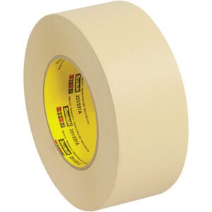 The 2 x 60 yds. 3M™ 231 Masking Tape, featuring the Scotch logo and product info on beige tape with a yellow inner lining, comes in a case of 24 for versatile use.
