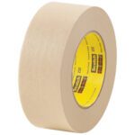 A 2 x 60 yds. roll of beige 3M High Performance Masking Tape 232 (24/Case) stands upright against a plain white background, featuring a yellow inner core with text and a logo.