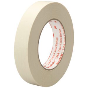 The 2 x 60 yds. 3M™ 2364 Masking Tape, beige with a red and white core label showing the brand name, stands upright on a white background, emphasizing its circular shape and thickness.