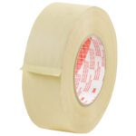 A roll of 2 x 60 yds. 3M™ 2380 Masking Tape (24/Case) stands upright with a peeled edge showing the adhesive. Its inner core features red text and a pattern, set against a plain white background highlighting its functional design.
