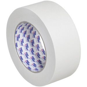 The 2 x 60 yds. (12 Pack) Tape Logic® 2400 Masking Tape features wide white masking tape with a blue and red logo pattern on the inside. It unrolls smoothly, highlighting its opaque color and texture, fulfilling all your needs conveniently in a pack of 12 rolls.