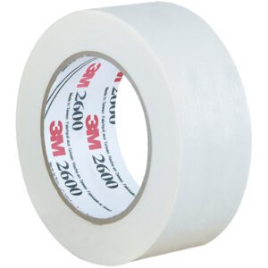 A roll of 2 x 60 yds. 3M™ 2600 Masking Tape from the efficient 12 Pack features a white internal label with red and black text. Slightly glossy, its perfect for sealing or packaging.