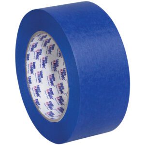 A roll of 2 x 60 yds. (12 Pack) Tape Logic® - Lbs3000 Blue Painters Tape stands upright with a visible inner label against a plain white background.