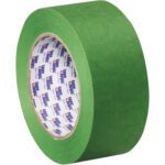 A case of 24 rolls of Tape Logic® 3200 green painters tape, each measuring 2 x 60 yds., features a white inner core with blue and red branding, showcased upright against a plain white background.