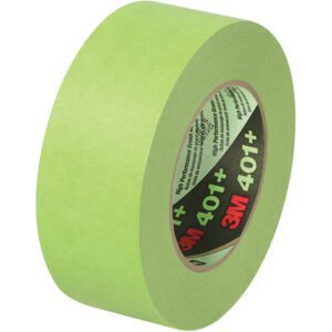 A roll of 3M High Performance Green Masking Tape 401+ (2 x 60 yds) stands upright, showcasing the iconic logo on its core against a white background.