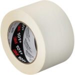 A roll of the durable 3 x 60 yds. 3M Value Masking Tape 101+ is showcased on a white background with bold black, red, and white branding on the inner core, available in a set of 12 per case.