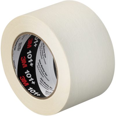 T938101.jpg A roll of the durable 3 x 60 yds. 3M Value Masking Tape 101+ is showcased on a white background with bold black, red, and white branding on the inner core, available in a set of 12 per case.