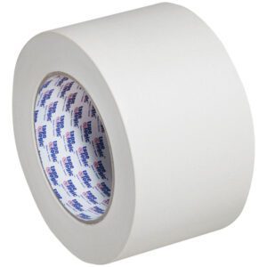 A roll of white duct tape with a glossy finish, comparable to the Tape Logic® 2200 Masking Tape (3 x 60 yds.), has blue and red repeating text on its inner side. Slightly angled, it highlights both its surface and vibrant inner design.