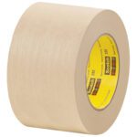 A beige roll of 3 x 60 yds. 3M High Performance Masking Tape 232 (12/Case) with a yellow label inside the ring is displayed in its unique packaging against a white background.