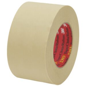 A case includes 12 rolls of 3 x 60 yds. beige 3M™ 2393 Masking Tape, with visible red branding inside and positioned upright for reliability.