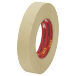 A roll of beige 3M™ 2693 Masking Tape (3 x 60 yds., 12/Case) with a red inner lining and white brand text stands upright, casting a shadow on a plain white background.