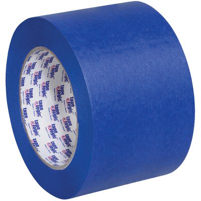 T9383000.jpg A 3 x 60 yds. Tape Logic® 3000 Blue Painters Tape roll stands upright, displaying its broad blue surface and a core with red and blue logos against a plain white background.