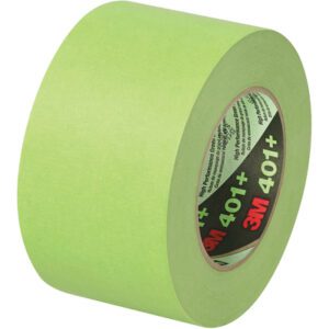 The 3 x 60 yds. 3M High Performance Green Masking Tape 401+ (8 Rolls/Case) is displayed upright, showing its adhesive side and red logo on the inner brown ring, set against a white background to emphasize its quality and reliability.