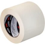 The 4 x 60 yds. 3M Value Masking Tape 101+ has the black and red 3M logo on the core, adhesive inside, and a smooth, matte outer finish. It is part of a set with 8 rolls per case.