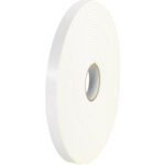 A side view of a large spool of 1/2 x 72 yds. (1/32 White) Tape Logic® Double Sided Foam Tape (24/Case) highlights its thickness and circular layers, all set against a plain white background.