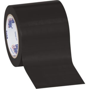 A partially unrolled roll of 4 x 36 yds. black Tape Logic® Solid Vinyl Safety Tape, featuring blue and red branding on the inner cardboard core, is shown on a white background. This smooth, reflective tape comes in a convenient 3-pack for diverse applications.