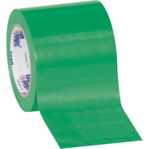 The 4 x 36 yds. Green (3 Pack) Tape Logic® Solid Vinyl Safety Tape rolls, displaying a glossy finish and branding on the core, stand out against a plain white background.