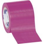A roll of glossy purple tape, partially unrolled, sits against a plain white background, highlighting its vibrant color. The inner core shows branding akin to the MH-USA 4 x 36 yds. Purple Solid Vinyl Safety Tapes bold presentation.