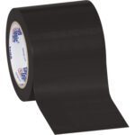 A partially unrolled roll of 4 x 36 yds. Black Tape Logic® Solid Vinyl Safety Tape reveals its adhesive side, while the interior shows branding in blue and red. Each case contains 12 rolls.