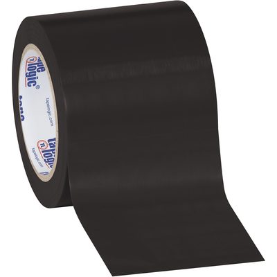 T9436BL.jpg A partially unrolled roll of 4 x 36 yds. Black Tape Logic® Solid Vinyl Safety Tape reveals its adhesive side, while the interior shows branding in blue and red. Each case contains 12 rolls.