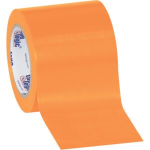 A partially unrolled strip of 4 x 36 yds. Orange Tape Logic® Solid Vinyl Safety Tape (12 Rolls/Case) reveals branding on its inner side, elegantly displayed against a pristine white background.