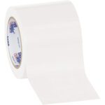 A roll of clear packing tape with an unrolled strip shows its blue and red core against a white background, similar to the 4 x 36 yds. White Tape Logic® Solid Vinyl Safety Tape (12 Rolls/Case), ideal for efficient sealing tasks.