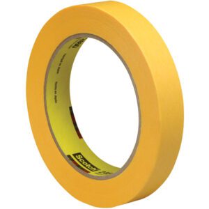 A roll from the 3/4 x 60 yds. (12 Pack) 3M™ 2460 Flatback Tape set stands against a white background with an inner core featuring brand details, seemingly made of cardboard. This circular tape boasts a smooth matte finish, enhancing its versatile appeal.