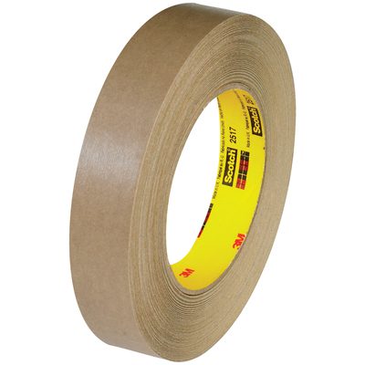 T945251712PK.jpg A 12-pack of 3M™ 2517 Flatback Tape, each roll measuring 1 x 60 yds., features a yellow and red Scotch logo on the core against a white background, ideal for all your packaging needs.