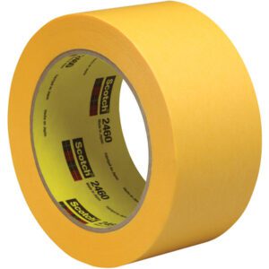 A roll of yellow Scotch tape is displayed, labeled with the brand Scotch and model 2460. Upright with its adhesive side unseen, this 3M™ 2460 Flatback Tape measures 2 x 60 yds. (12 Pack).
