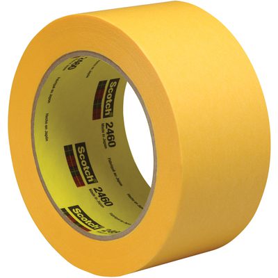 T947246012PK.jpg A roll of yellow Scotch tape is displayed, labeled with the brand Scotch and model 2460. Upright with its adhesive side unseen, this 3M™ 2460 Flatback Tape measures 2 x 60 yds. (12 Pack).