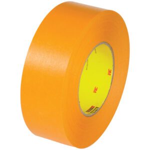 The 2 x 60 yds. (6 Pack) 3M™ 2525 Flatback Tape has a bright orange adhesive with a yellow core, featuring bold red 3M branding, creatively angled against a plain white background.