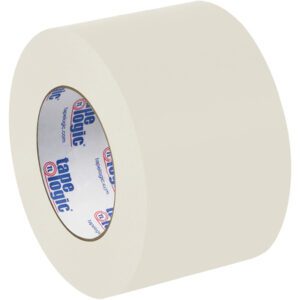 A 3 x 60 yds. Natural White Tape Logic® Lbs5400 Flatback Tape roll stands upright against a white background, displaying its logo inside. It combines strength and style, arriving in a pack of 16 rolls per case.
