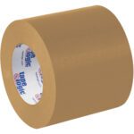 A large roll of Kraft Tape Logic® Lbs5300 Flatback Tape 4 x 60 yds. (12 Rolls/Case) leans against a white backdrop, highlighting its sturdy build and reliability.