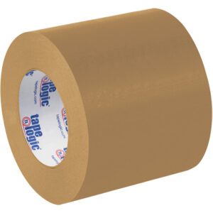A large roll of Kraft Tape Logic® Lbs5300 Flatback Tape 4 x 60 yds. (12 Rolls/Case) leans against a white backdrop, highlighting its sturdy build and reliability.