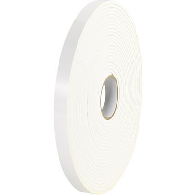 T9501162PK.jpg A large, upright roll of 1/2 x 36 yds. (1/8 White) (2 Pack) Tape Logic® Double Sided Foam Tape sits on a white background, thickly wound with visible edges, ideal for multiple adhesive applications.