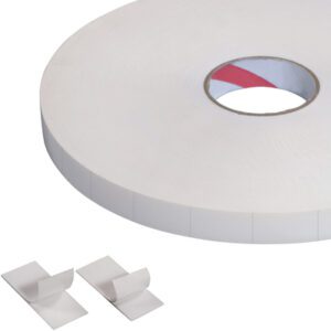 A large roll of Tape Logic® 1/32 Double Sided Foam Strips, featuring a visible core, is displayed alongside two ready-to-use 1 x 3 strips. The tape has a smooth surface and is neatly rolled, with 216 pieces per roll.