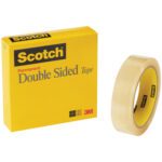 The 1/2 x 36 yds. Scotch® Double Sided Tape 665 (Permanent) is displayed next to its yellow packaging, featuring the iconic Scotch logo and highlighting its a trusted 3M product. Perfect for any project, it is available in convenient cases of 12 rolls.
