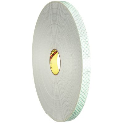 T95340081PK.jpg The product displayed is a 1/2 x 36 yds. (1 Pack) 3M™ 4008 Double Sided Foam Tape, featuring a gray surface and green checker pattern on the adhesive side, visible at the edge. The tape coil has a yellow core at the center.