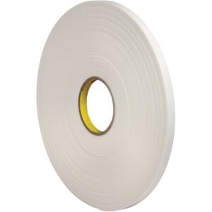 The 1/2 x 72 yds. (1 Pack) 3M™ 4462 Double Sided Foam Tape, featuring a yellow inner core, shows its thickness and spiral layers from the side view. The white surface looks smooth and evenly wound.