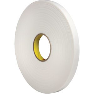A large roll of 1/2 x 36 yds. 3M™ 4466 Double Sided Foam Tape with a bright yellow core stands vertically against a plain background, its smooth surface is visible.