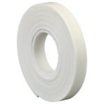 A roll of white masking tape stands upright, layers wound around a cardboard core. With its smooth texture, its ideal for painting, sealing, or packaging. For added versatility, try the 3M™ 4466 Double Sided Foam Tape in 1/2 x 5 yds size (1 Roll/Case).