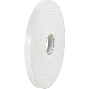 The 1/2 x 72 yds. (1/32 White) Tape Logic® Removable Double Sided Foam Tape comes in a convenient 2 Pack, featuring a tightly wound coil with spiral layers and a central cardboard core for versatile applications.