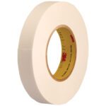 The 1/2 x 72 yds. 3M™ 9415PC Removable Double Sided Film Tape comes in a bulk pack of 72 rolls per case, ideal for versatile applications with its yellow inner core and striking red and black text.