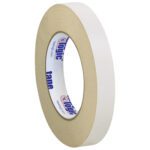 A 3/4 x 36 yds. Tape Logic® Double Sided Masking Tape features a beige core and dynamic blue-red logo against white, standing upright. This versatile tape, sold in cases of 48 rolls, offers convenience for various needs.