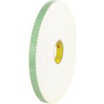 A roll of 1 x 18 yds. 3M Double Sided Foam Tape 4004, part of a versatile set of 9/Case, stands upright against a plain background. The tape is white with a green checkered edge and features a yellow core with the red 3M logo.