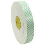 A 1 x 5 yds. roll of 3M™ 4016 Double Sided Foam Tape, featuring a white and green checkered exterior and a yellow inner core with red branding, stands upright against a plain white background.