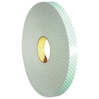 T9554032.jpg The 1 x 72 yds. 3M™ 4032 Double Sided Foam Tape maintains a circular shape with a brown cardboard core and features a green plaid pattern on its exterior edge.