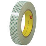 The 1 x 36 yds. 3M™ - 410M Double Sided Masking Tape, available in a green and white plaid design with a yellow core and red 3M logo, comes in a pack of 36 per case.