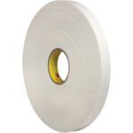 A large roll of 1 x 72 yds. 3M™ 4462 Double Sided Foam Tape (9/Case) with a central cardboard core is angled upright against a plain white background.