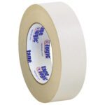 A roll of 1 1/2 x 36 yds. Tape Logic® Double Sided Masking Tape (24 Rolls/Case) featuring Tape Logic branding in blue and red inside the core, is elegantly displayed on a white background—ideal for precise and clean applications.
